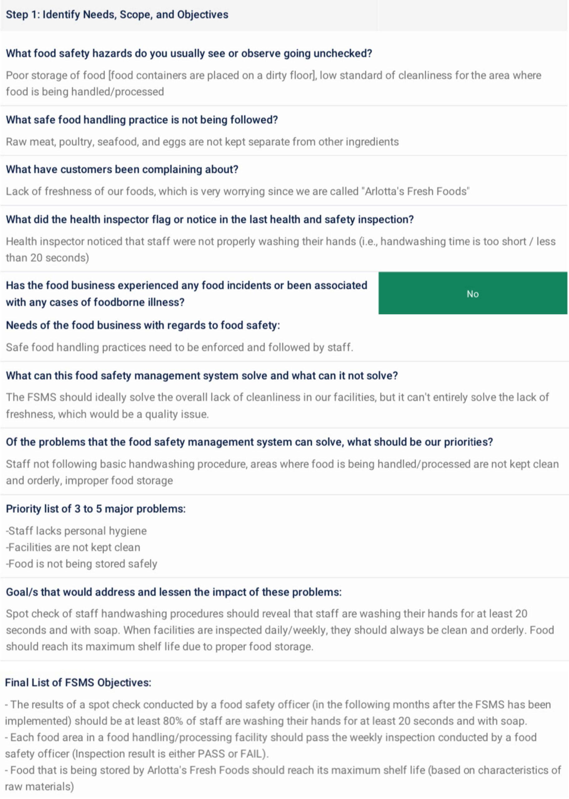 food safety management system example