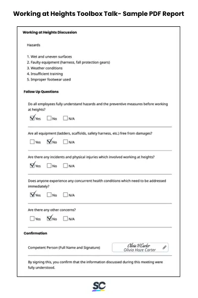 Working at Heights Toolbox Talk - Sample PDF Report