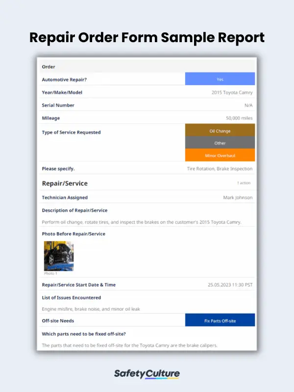Repair Order Form Sample Report