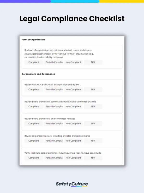 Fiche de contrôle de la conformité juridique | SafetyCulture