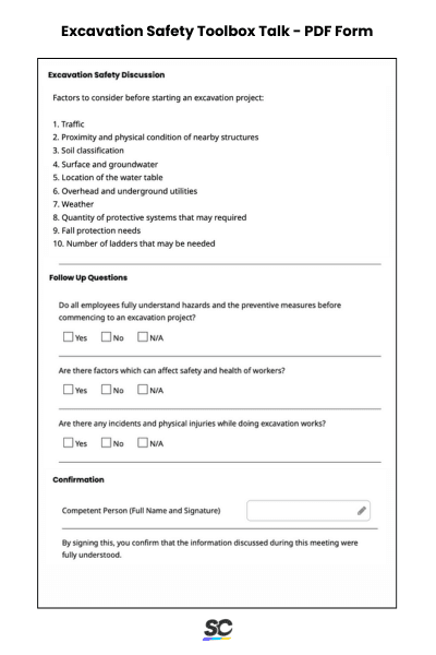 Excavation Safety Toolbox Talk - PDF Form