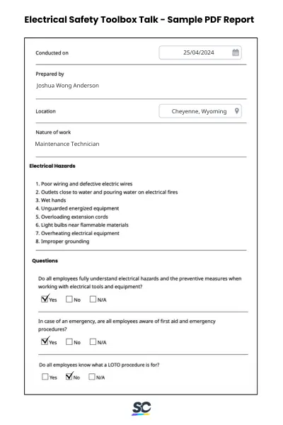Electrical Safety Toolbox Talk - Sample PDF Report