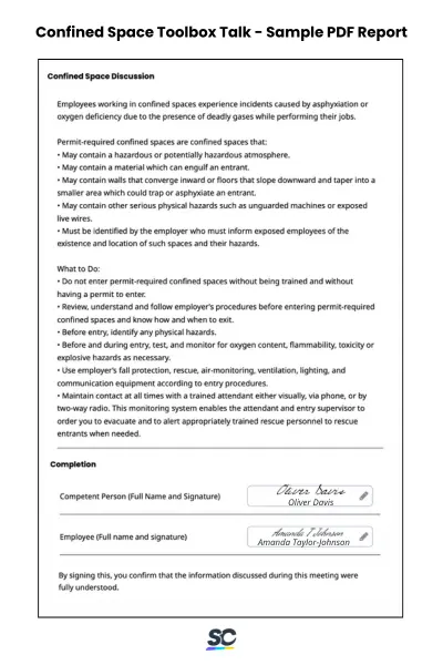 Confined Space Toolbox Talk - Sample PDF Report