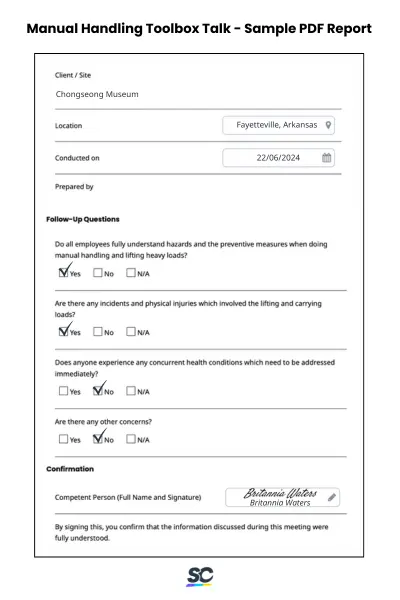 Manual Handling Toolbox Talk - Sample PDF Report