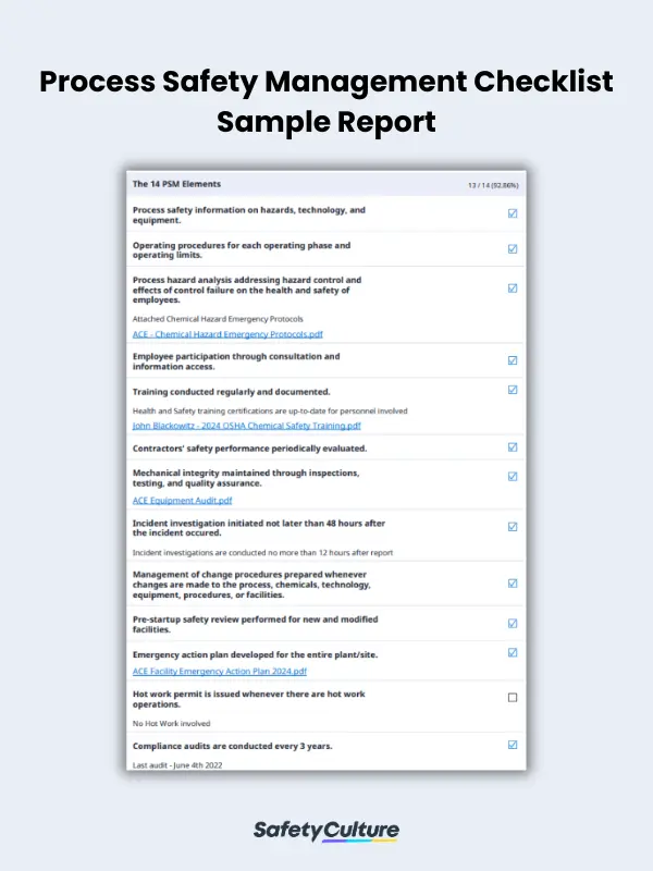 Process Safety Management Checklist Sample Report