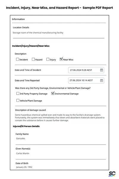 Incident inury near miss and hazard sample report