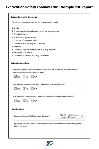 Excavation Safety Toolbox Talk - Sample PDF Report