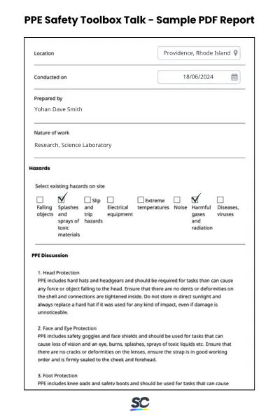 PPE Safety Toolbox Talk - Sample PDF Report