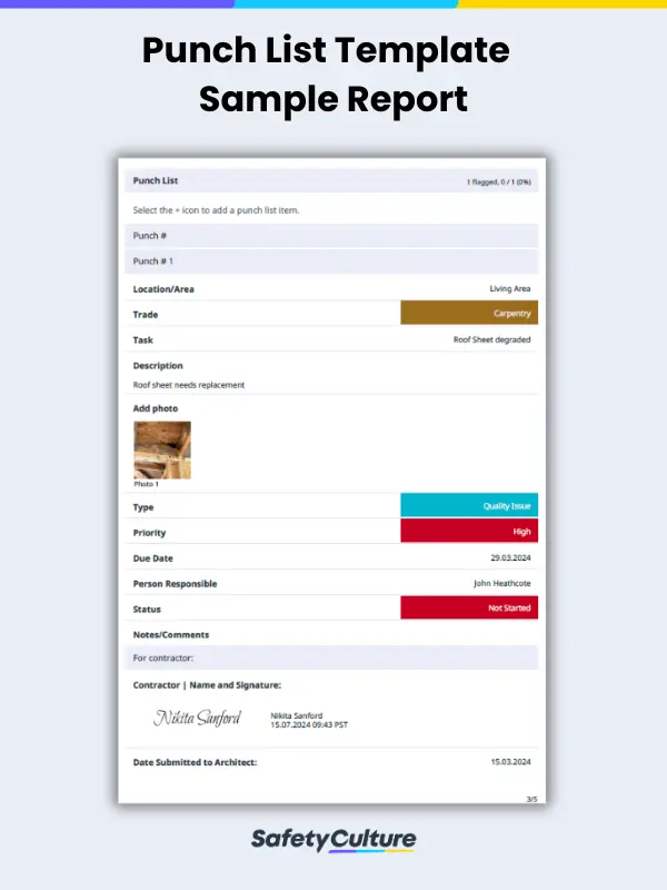 Punch List Template Sample Report
