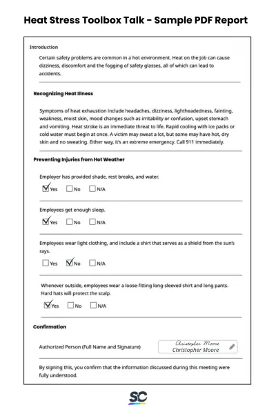 Heat Stress Toolbox Talk - Sample PDF Report