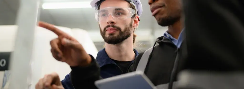 deux électriciens dispensant une formation en électricité à l'aide d'un logiciel de formation en électricité sur tablette