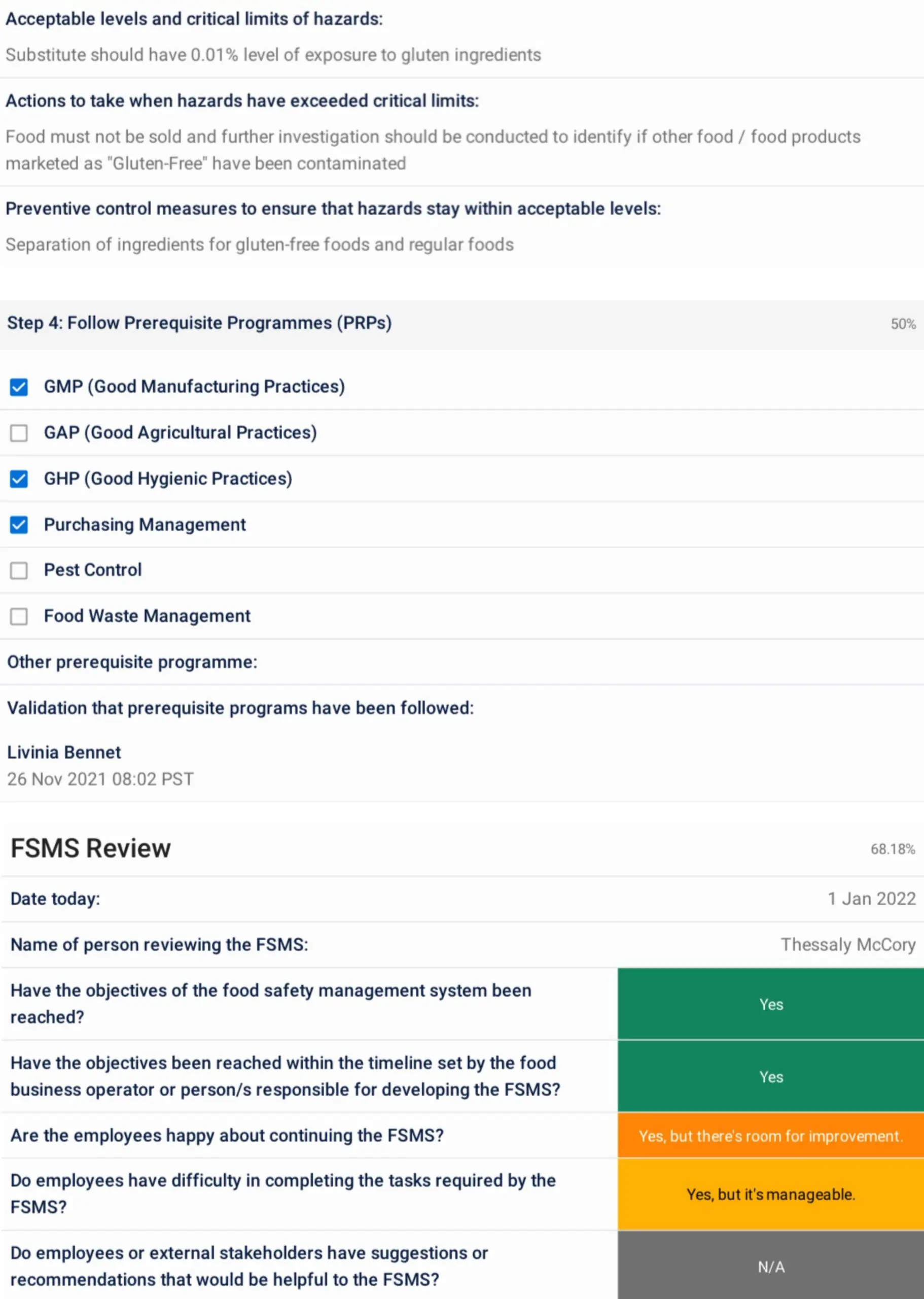 food safety management system example