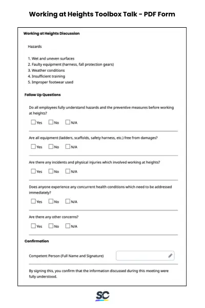 Working at Heights Toolbox Talk - PDF Form