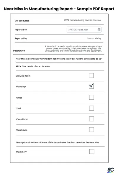 near miss in manufacturing example pdf report