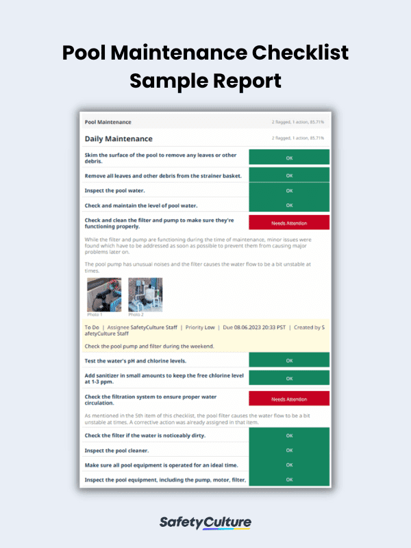 Pool Maintenance Checklist Sample Report